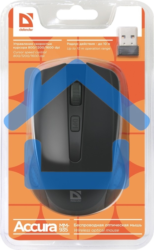 Мышь беспроводная Defender Accura MM-935 черный, 1600 dpi, радиоканал, USB, кнопки - 4