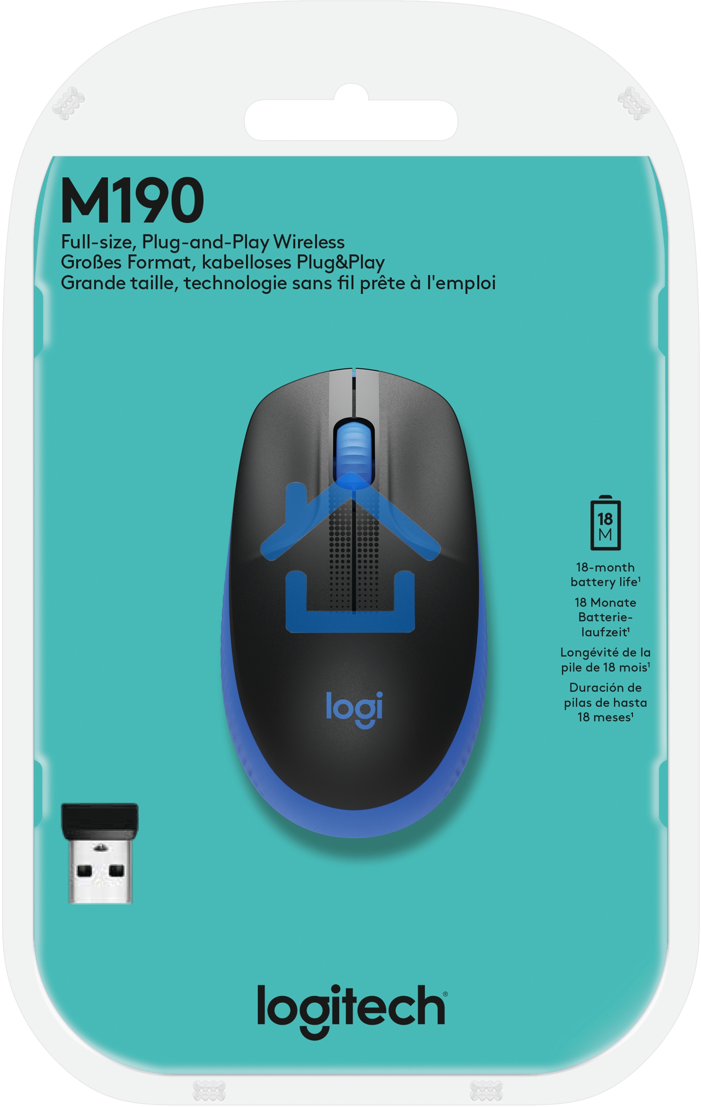 Мышь беспроводная Logitech M190 черный/синий, 1000 dpi, радиоканал, USB, кнопки - 3
