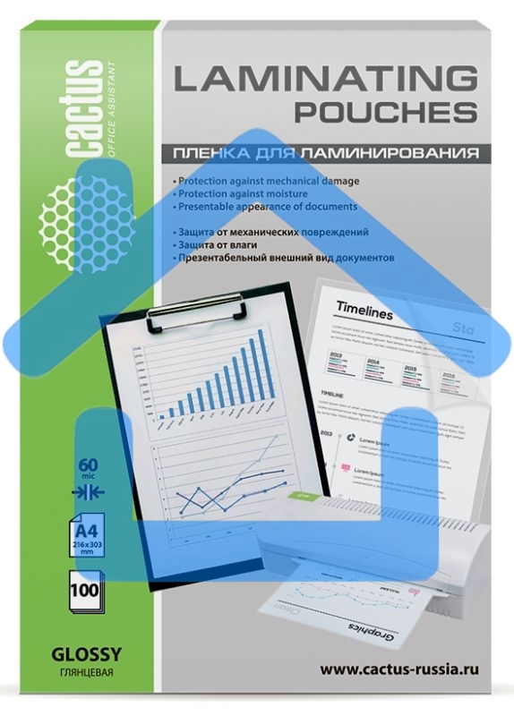Пленка для ламинирования Cactus 60мкм A4 (100шт) глянцевая 216x303мм CS-LPGA460100