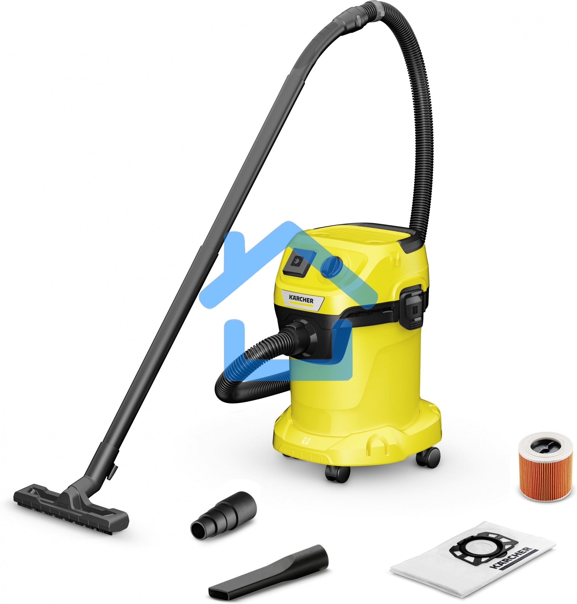 Строительный пылесос Karcher WD 3 P V-17/4/20 желтый, 1000 Вт, уборка сухая/сбор воды, пылесборник мешок/контейнер, 17 л
