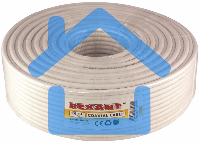 Кабель коаксиальный Rexant RG-6U, 75 Ом, CCS/Al/Al, 64%, бухта 100 м, белый