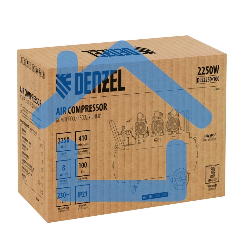 Компрессор безмаслянный малошумный DLS 2250/100, 2250 Вт, 3х750, 100 л, 410 л/мин блок упр Denzel