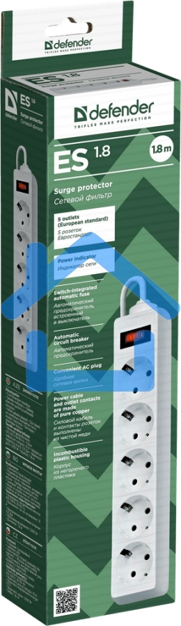 Сетевой фильтр Defender ES 99481 белый, 1.8 м, EURO, 5 розеток, 2200 Вт