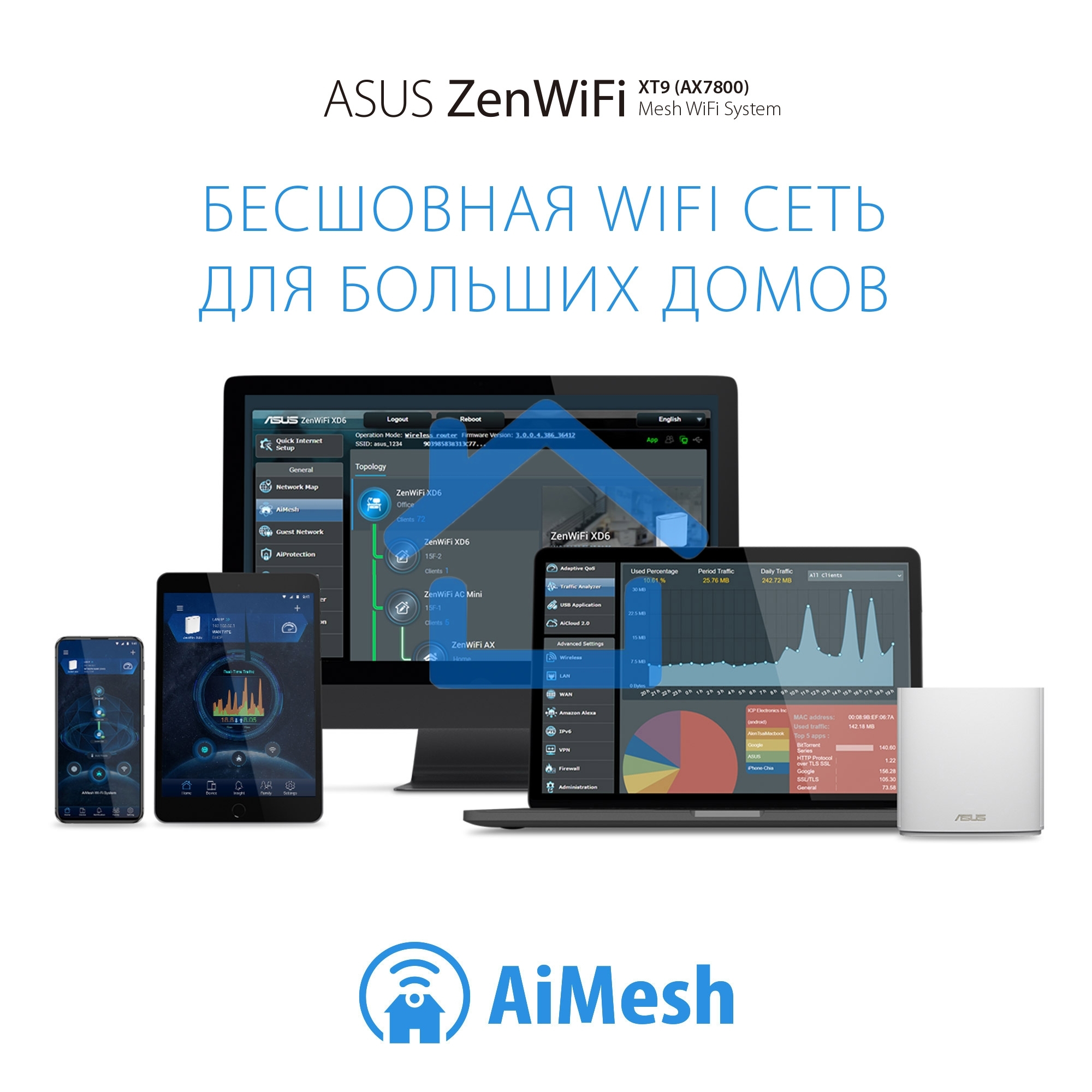 Бесшовный Mesh роутер Asus ZenWiFi XT9 (W-2-PK) AX7800 2.5GE/USB3.0 белый (упак.:2шт)