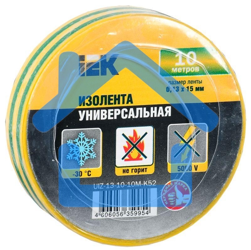Изолента Iek UIZ-13-10-10M-K52 0,13х15 мм желто-зеленая 10 метров ИЭК