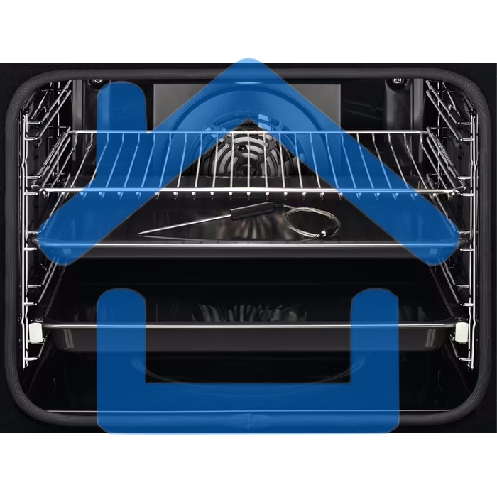 Электрический духовой шкаф Electrolux с конвекцией, приготовление на пару,объем 72 л, утапливаемые переключатели, 10 режимов, автопрограммы, очистка пиролитическая, 3 стекла в дверце, направляющие проволочные + телескопические (1 уровень), термощуп