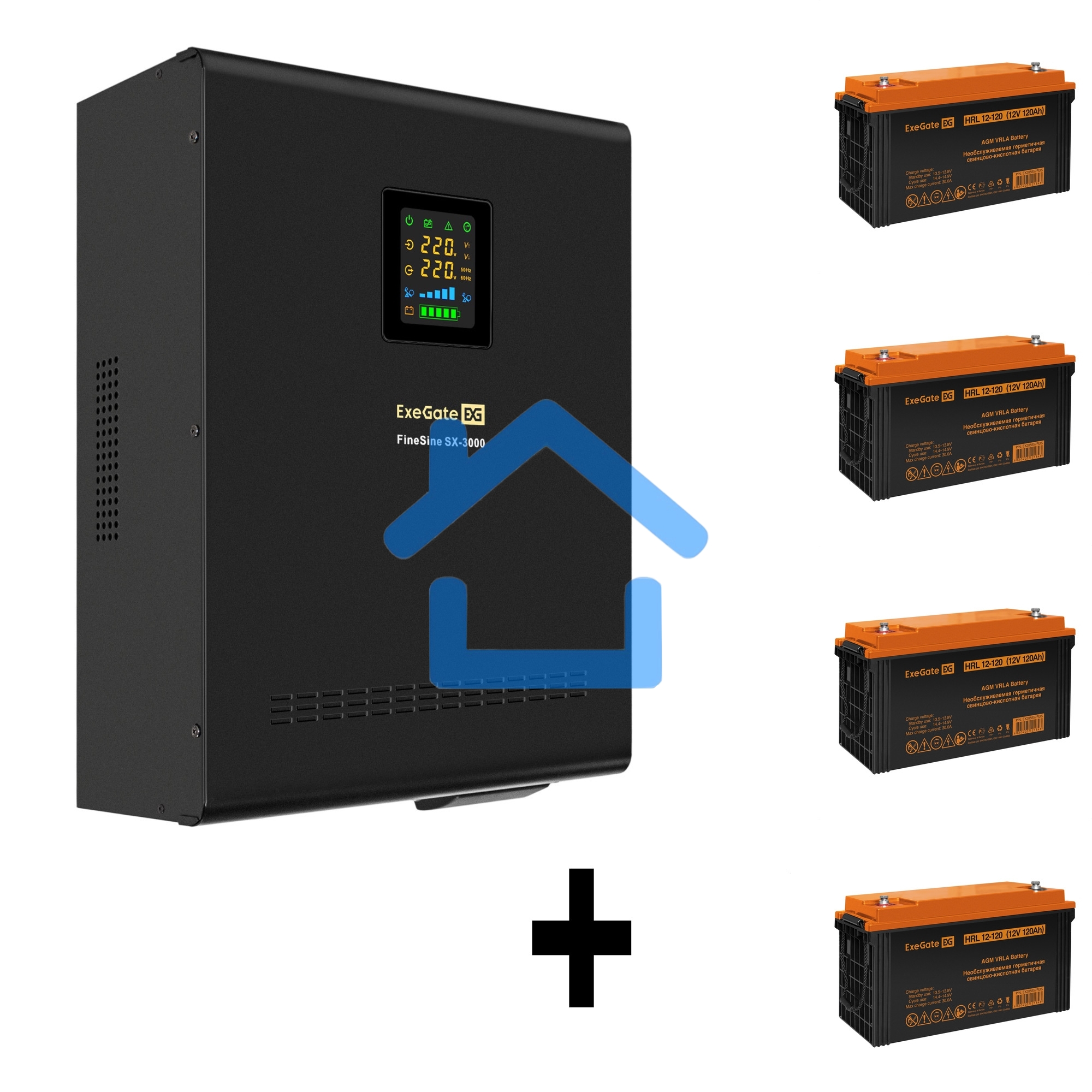 Комплект Источник бесперебойного питания EX296003RUS + батарея 120Aч EX285657RUS 4шт ExeGate FineSine SX-3000.LCD.AVR.2SH.T + батарея ExeGate HRL 12-120 (12В, 120Ач) 4шт