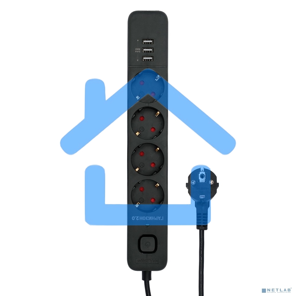 Сетевой фильтр Гарнизон 2.0 Мультипорт EPS-4-U3-B-2, 4 р, 10А, 3xUSB, 2м, ур.защиты 2+, черный, пакет