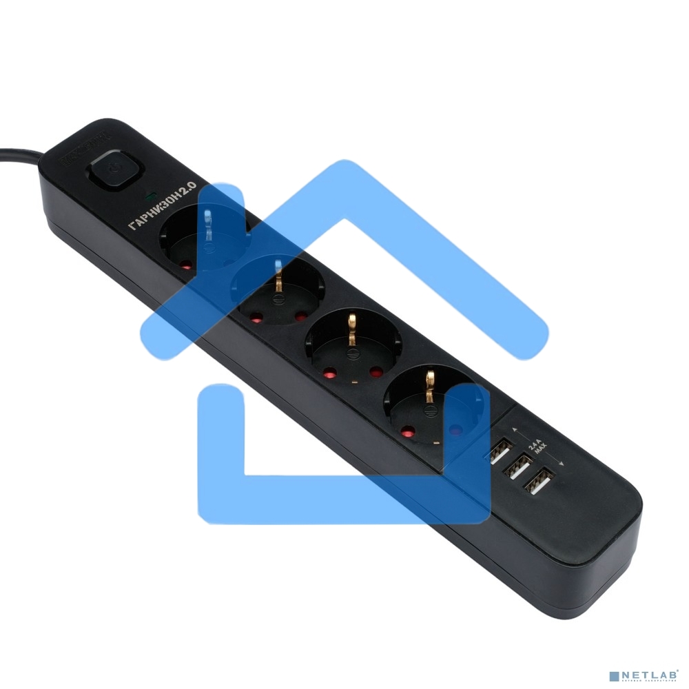 Сетевой фильтр Гарнизон 2.0 Мультипорт EPS-4-U3-B-2, 4 р, 10А, 3xUSB, 2м, ур.защиты 2+, черный, пакет