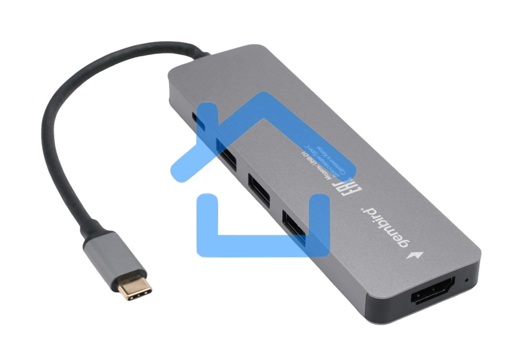 Док-станция Type-C Gembird UHB-D1, 5в1: 3хUSB3.1, Type-C PD100W, HDMI, кабель 17см, алюминий