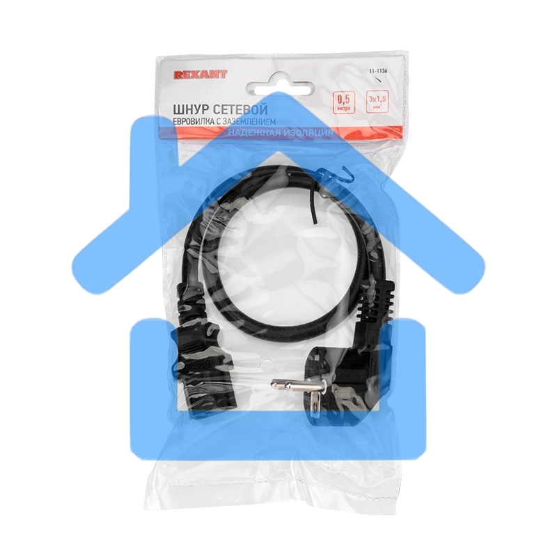 Шнур сетевой, евровилка угловая - евроразъем С13, кабель 3x1,5 мм², длина 0,5 метра, черный (PVC пакет) Rexant