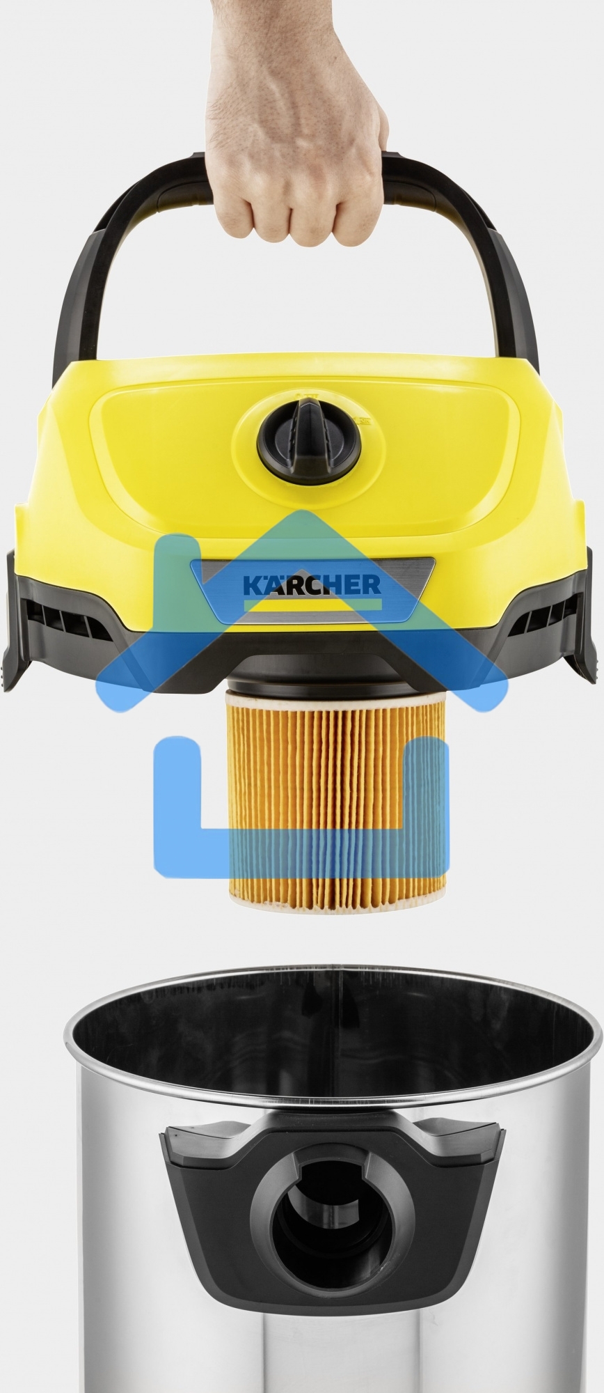 Строительный пылесос Karcher WD 3 S V-17/4/20 желтый, 1000 Вт, уборка сухая/сбор воды, пылесборник мешок/контейнер, 17 л