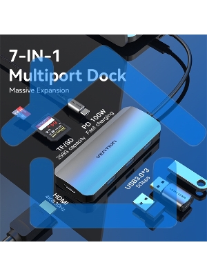 Хаб Vention USB-C to HDMI/USB 3.0x3/SD/TF/PD Docking Station Gray 0.15M Aluminum Alloy Type