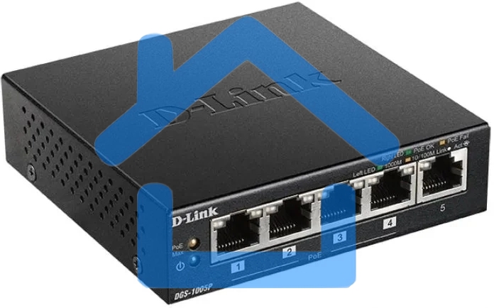 Неуправляемый коммутатор D-Link DGS-1005P/B3A с 5 портами 10/100/1000Base-T (4 порта PoE 802.3af/at, PoE-бюджет 60 Вт)