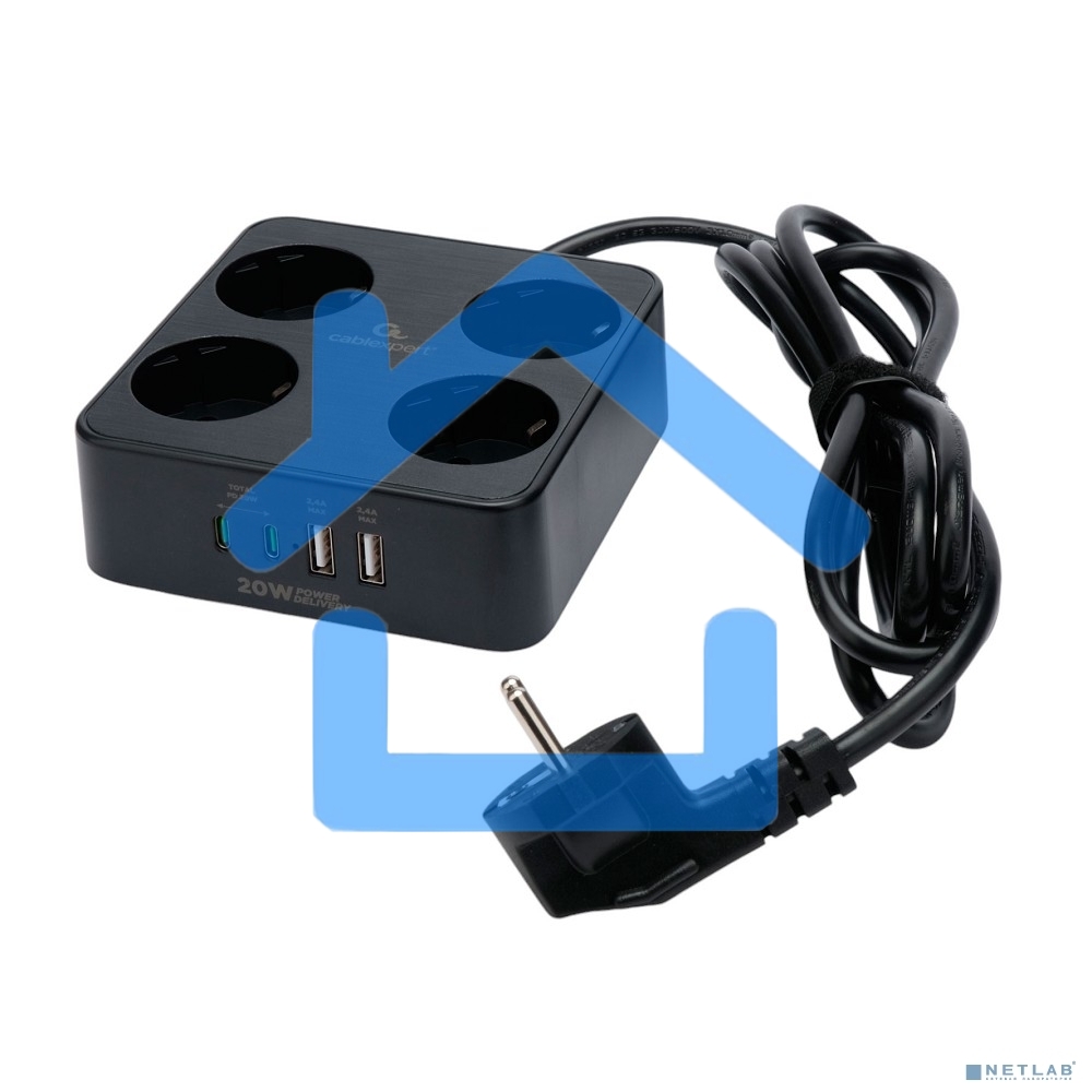 Сетевой фильтр Cablexpert Plate, PLT-4-C2U2-B-3, 4р, 10А, 2xType-C PD, 20Вт, 2xUSB, 2.4A, 3м, ур.защиты 4+, черный, коробка