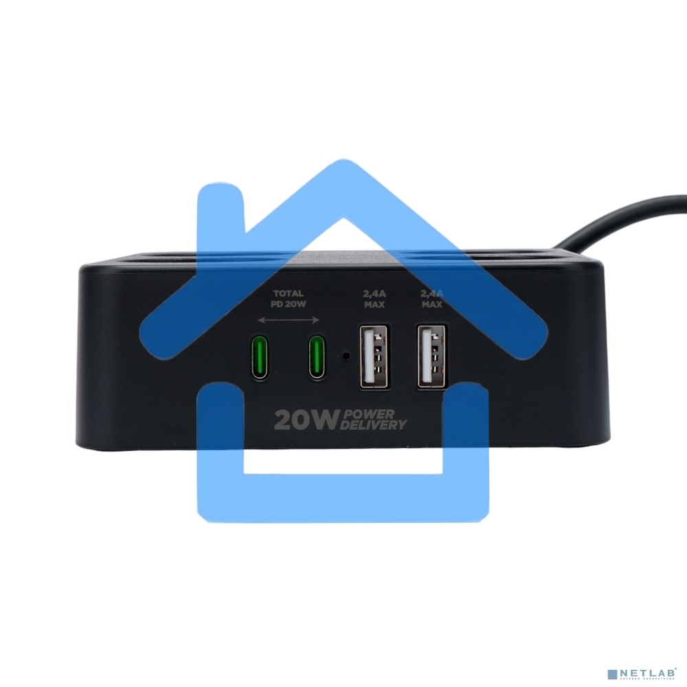 Сетевой фильтр Cablexpert Plate, PLT-4-C2U2-B-3, 4р, 10А, 2xType-C PD, 20Вт, 2xUSB, 2.4A, 3м, ур.защиты 4+, черный, коробка