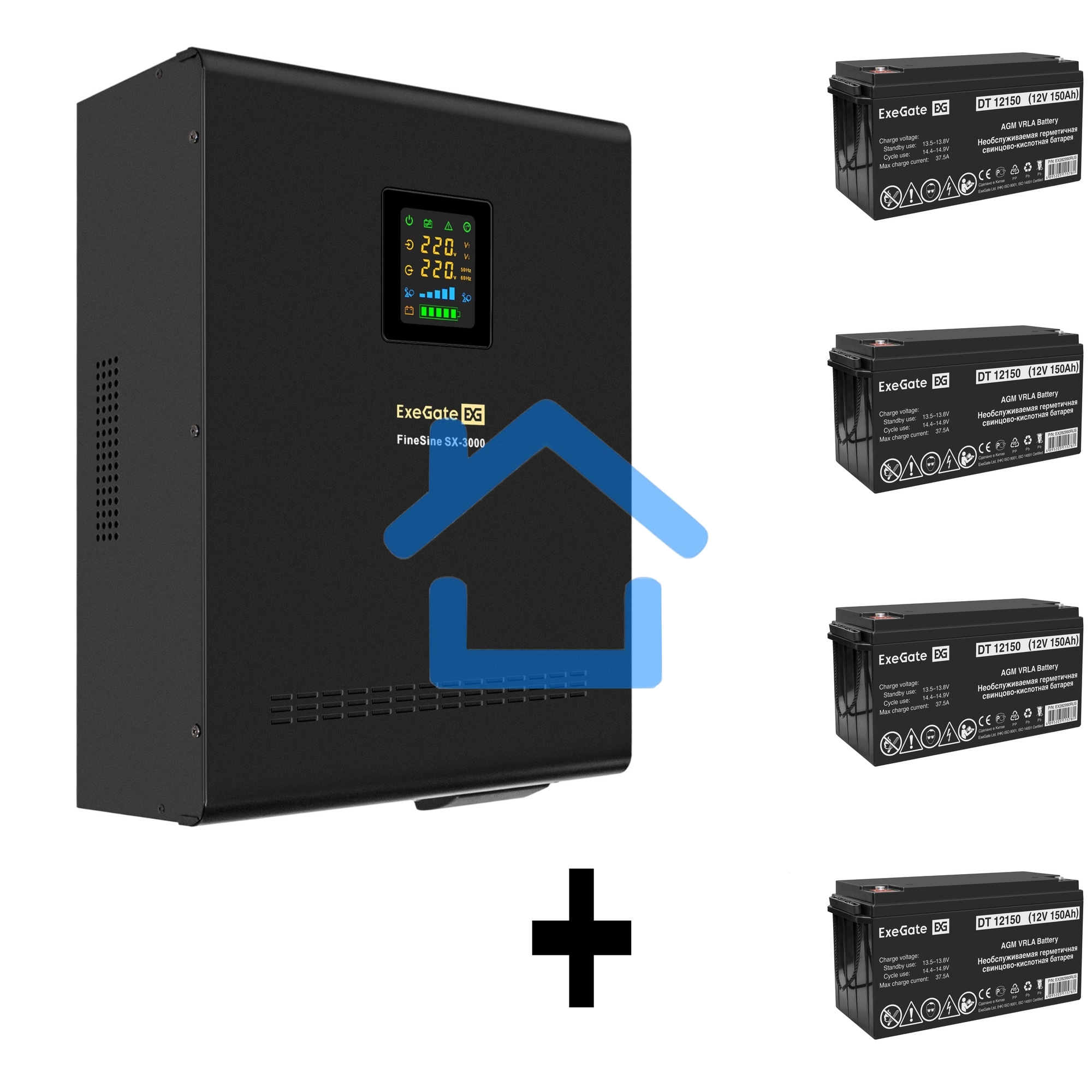 Комплект Источник бесперебойного питания EX296003RUS + батарея 150Aч EX282990RUS 4шт ExeGate FineSine SX-3000.LCD.AVR.2SH.T + батарея ExeGate DT 12150 (12В, 150Ач) 4шт