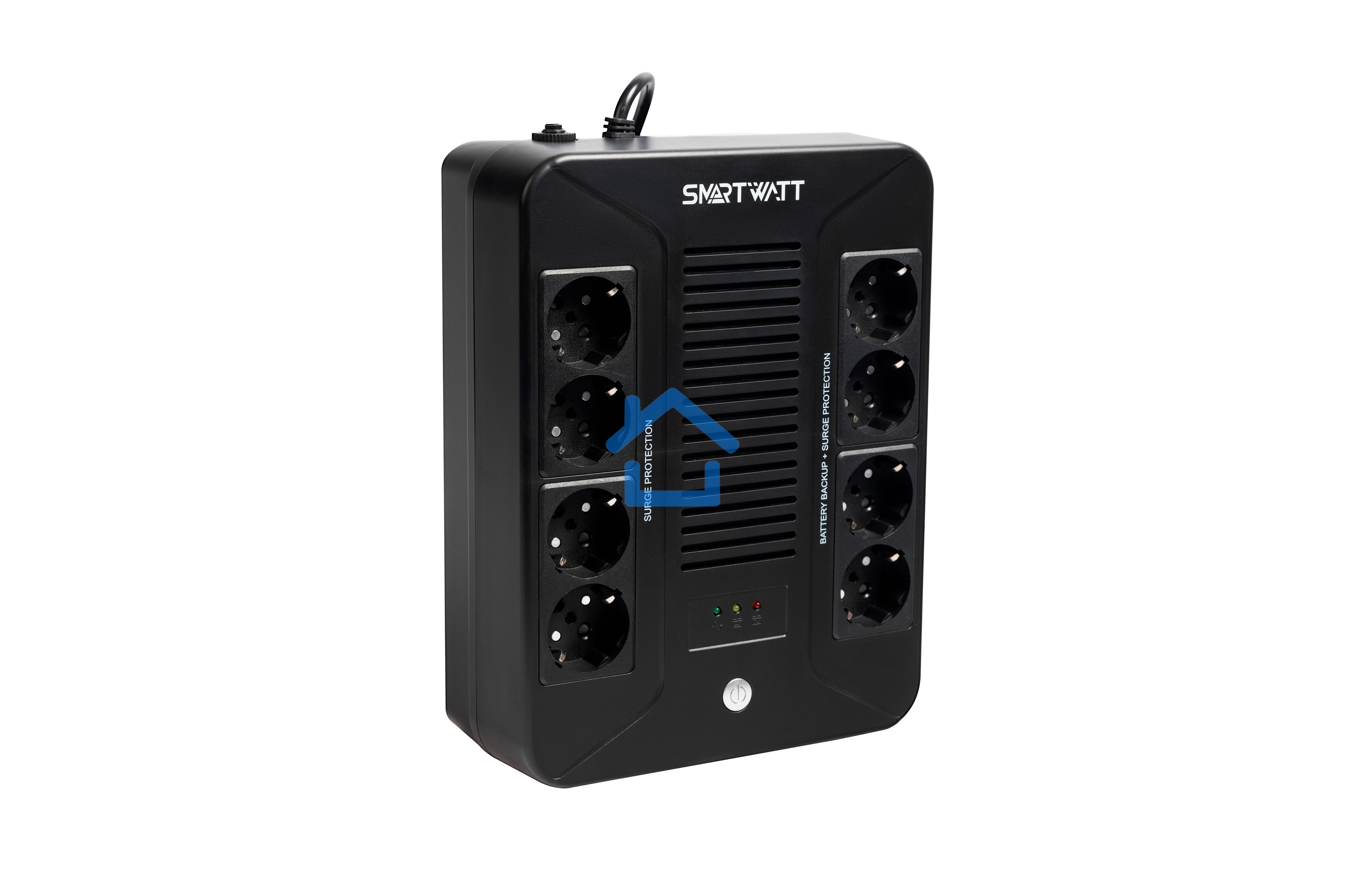 Источник бесперебойного питания SMARTWATT UPS SAFE PRO 800, 800/480 ВА/Вт, напольный/настенный, линейно-интерактивный, LED индикация, Shuko CEE7/4 - 8 шт. (4 шт. с резервным питанием, 4 шт. - сетевой фильтр)