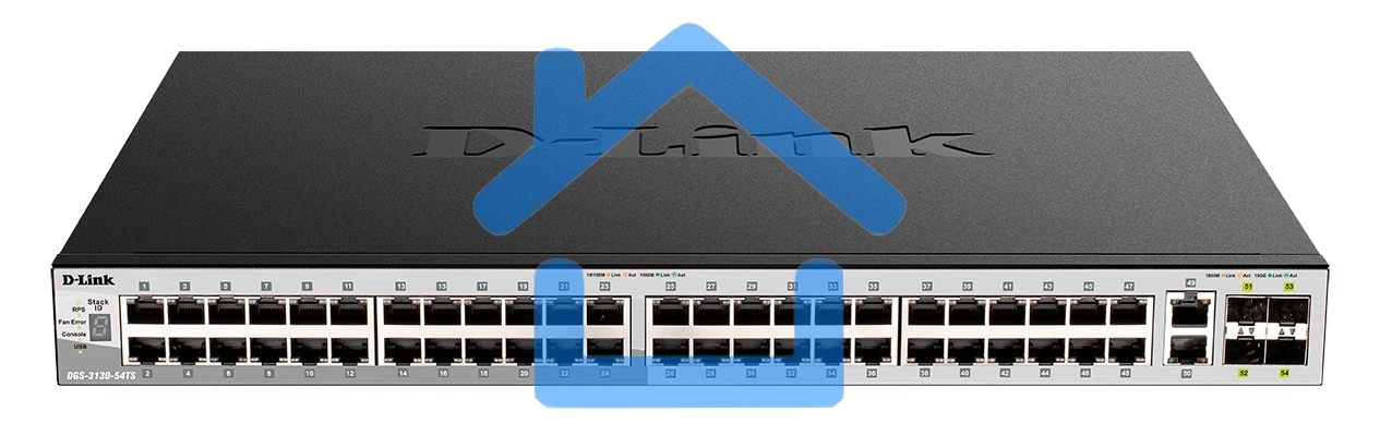 Управляемый L3 стекируемый коммутатор D-Link DGS-3130-54TS/B1A PROJ с 48 портами 10/100/1000Base-T, 2 портами 10Gbase-T и 4 портами 10Gbase-X SFP+