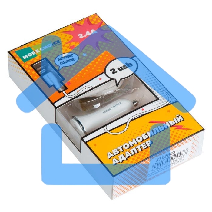 Автомобильная зарядка (от прикуривателя) 2USB 2.4A для Apple 8-pin More choice AC22i, белый