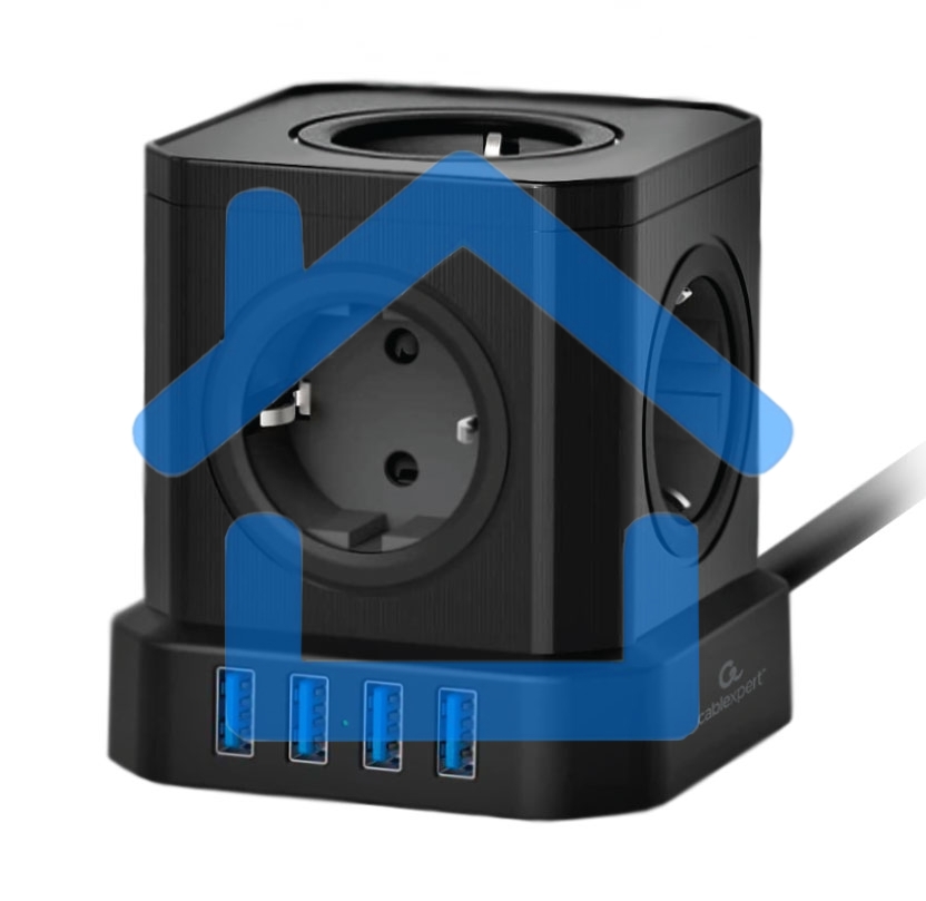 Сетевой фильтр Cablexpert Tower, TWR-5-U4-B-3, 5р, 10А, 4хUSB, 3.1А, 3м, ур.защиты 4+, черный, коробка