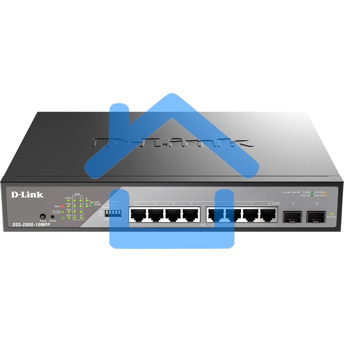 Сетевой коммутатор Smart L2 Surveillance Switch 8х1000Base-T PoE 802.3bt 90W, 2x1000Base-X SFP, PoE Budget 242W, Long-range PoE up to 250m