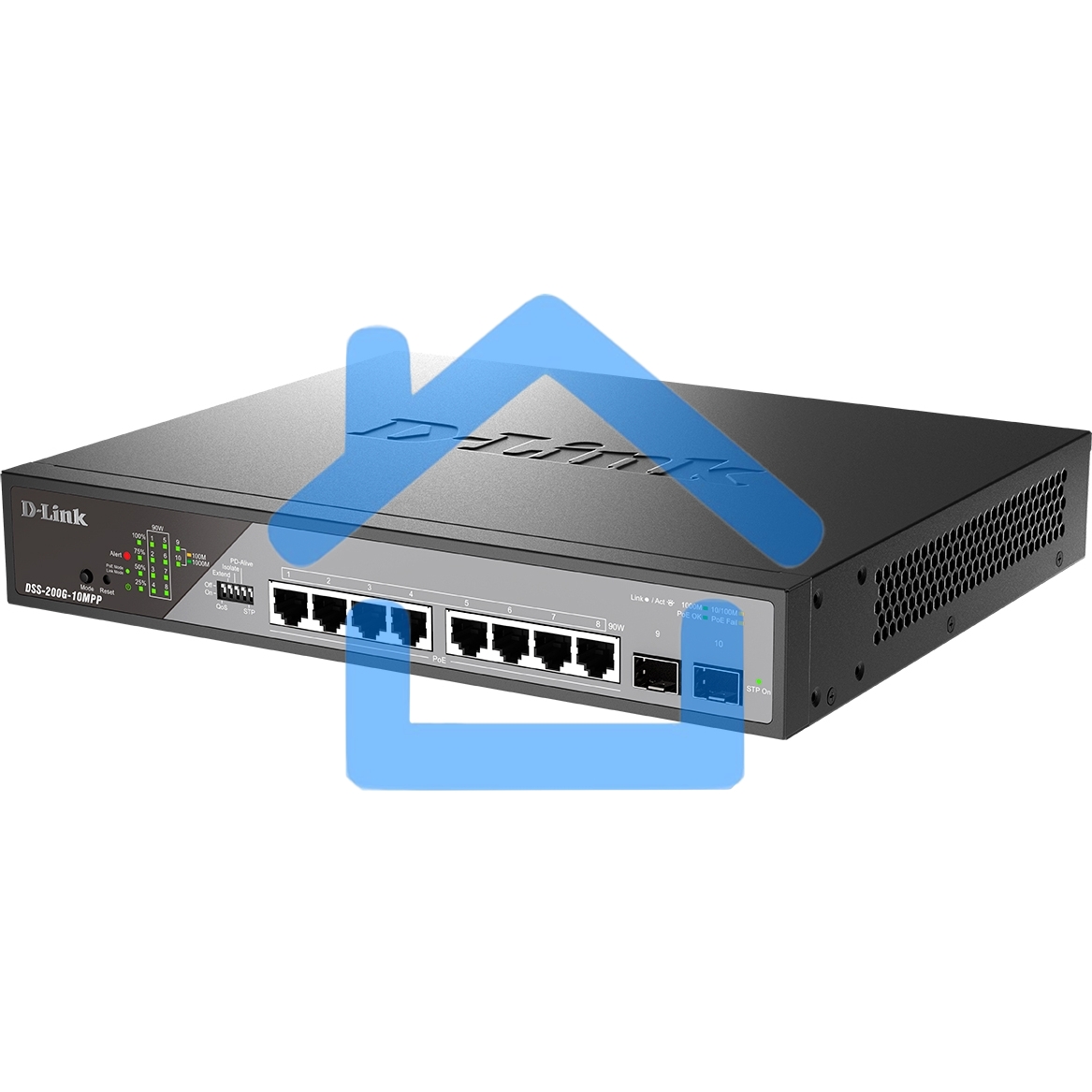 Сетевой коммутатор Smart L2 Surveillance Switch 8х1000Base-T PoE 802.3bt 90W, 2x1000Base-X SFP, PoE Budget 242W, Long-range PoE up to 250m