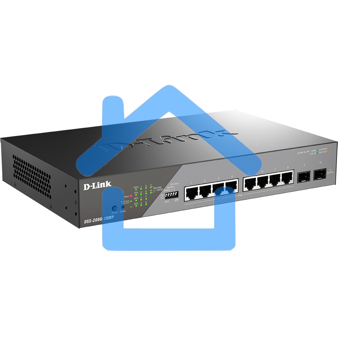 Сетевой коммутатор Smart L2 Surveillance Switch 8х1000Base-T PoE, 2x1000Base-X SFP, PoE Budget 130W, Long-range PoE up to 250m