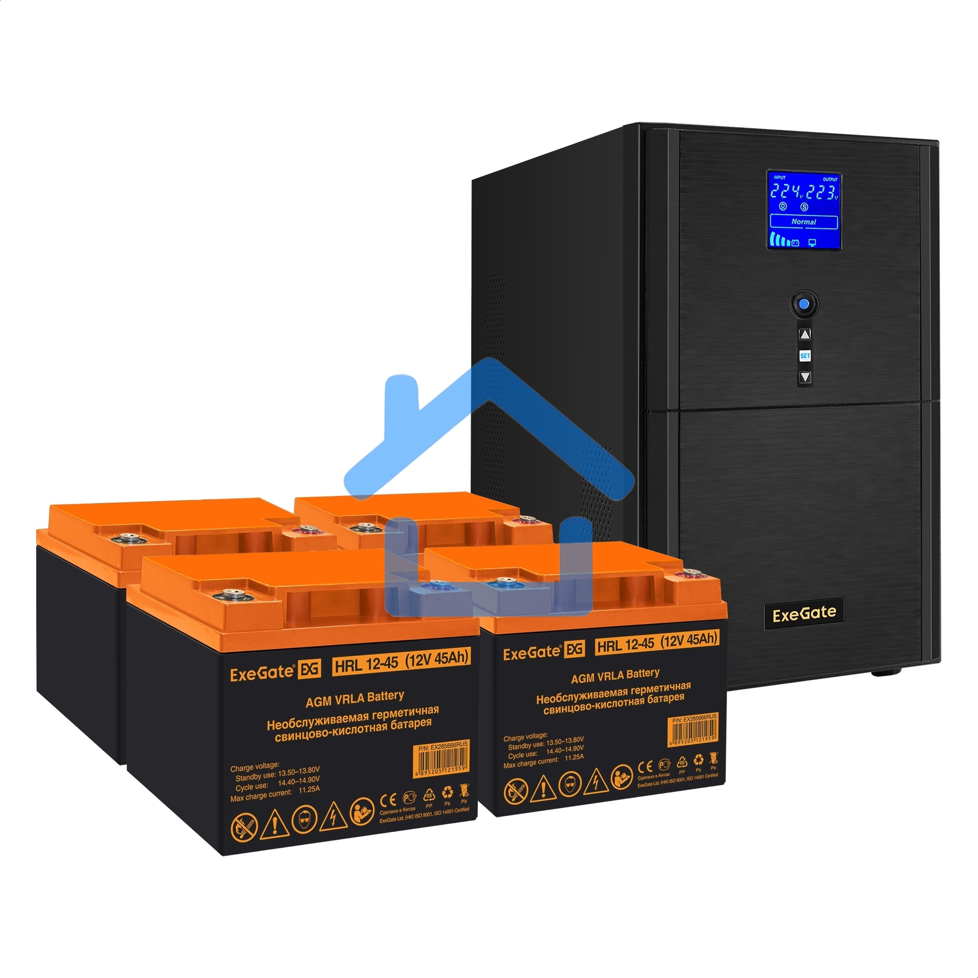 Комплект ИБП EX295990RUS + батарея 45Aч EX285666RUS 4шт (инвертор, синус, для котла) ExeGate SineTower SZ-3000.LCD.AVR.3SH.1C13.RJ.USB <3000VA/2400W, чистый синусоида, LCD дисплей, AVR, 3*Schuko+1*C13, RJ45/11, USB, линейно-интерактивный, черный> + батаре