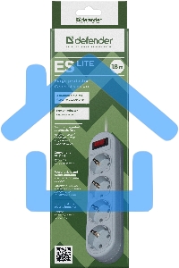 Сетевой фильтр Defender ES Lite, 1.8м, 4 розетки, серый