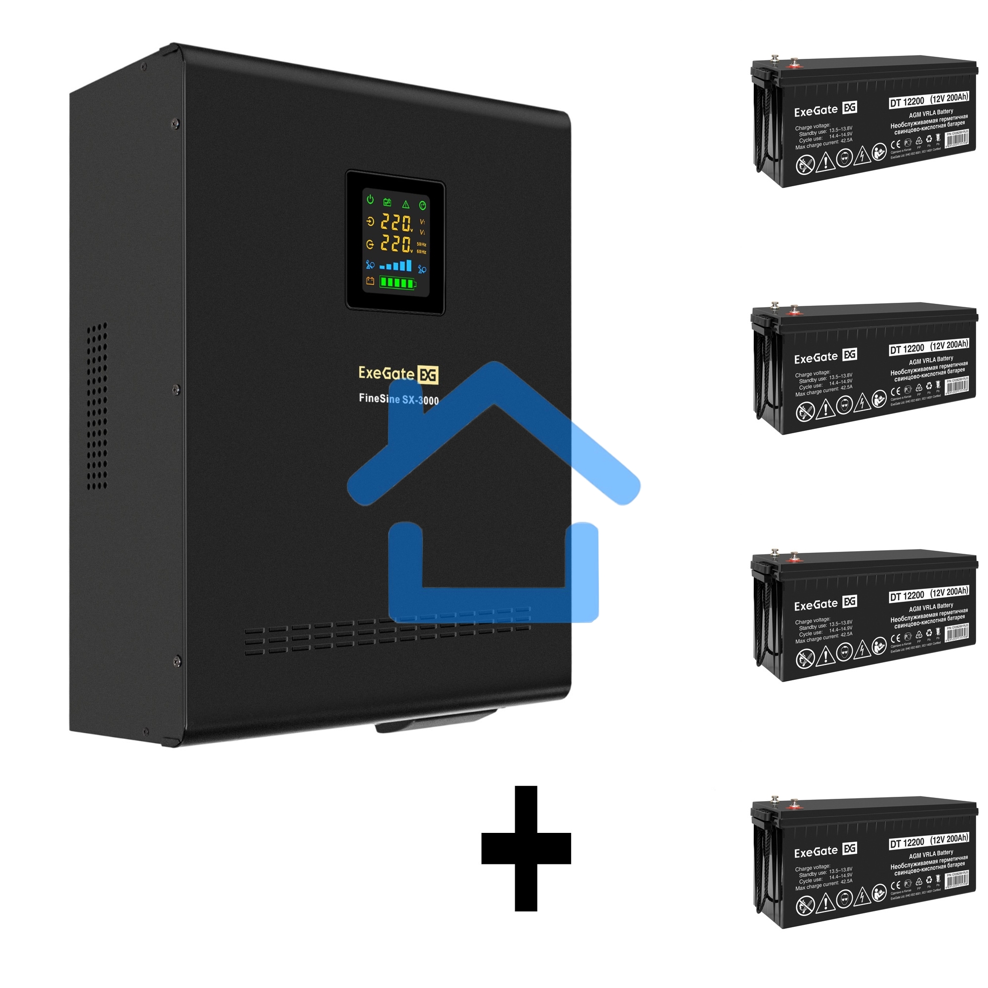 Комплект ИБП EX296003RUS + батарея 200Aч EX282991RUS 4шт (инвертор, синус, для котла, настенный) ExeGate FineSine SX-3000.LCD.AVR.2SH.T <3000VA/2100W, чистая синусоида, цветной LCD-дисплей, AVR, 2*Schuko+клеммы, линейно-интерактивный, крепление настенное,