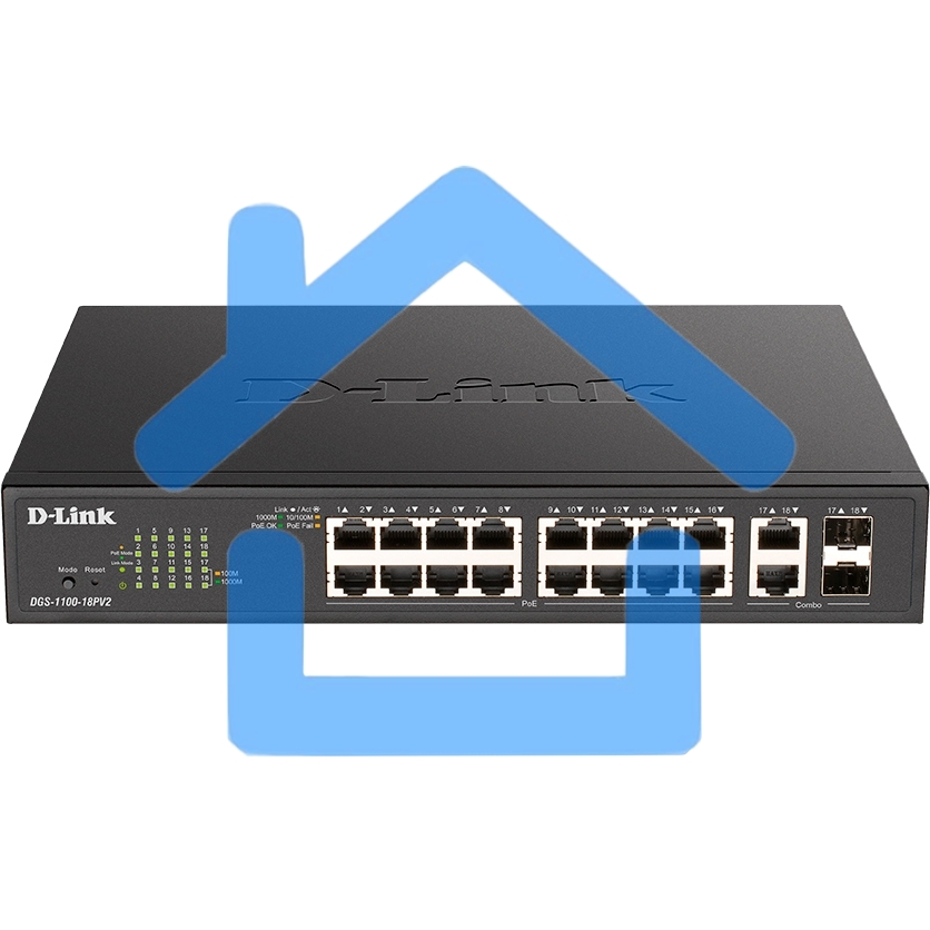 Настраиваемый L2 коммутатор D-Link DGS-1100-18PV2/A3A с 16 портами 10/100/1000Base-T и 2 комбо-портами 1000Base-T/SFP (16 портов PoE 802.3af/at, PoE-бюджет 130 Вт)
