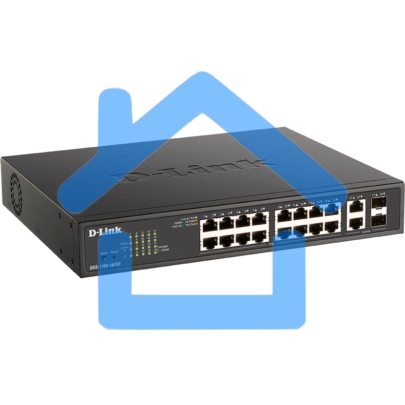 Настраиваемый L2 коммутатор D-Link DGS-1100-18PV2/A3A с 16 портами 10/100/1000Base-T и 2 комбо-портами 1000Base-T/SFP (16 портов PoE 802.3af/at, PoE-бюджет 130 Вт)