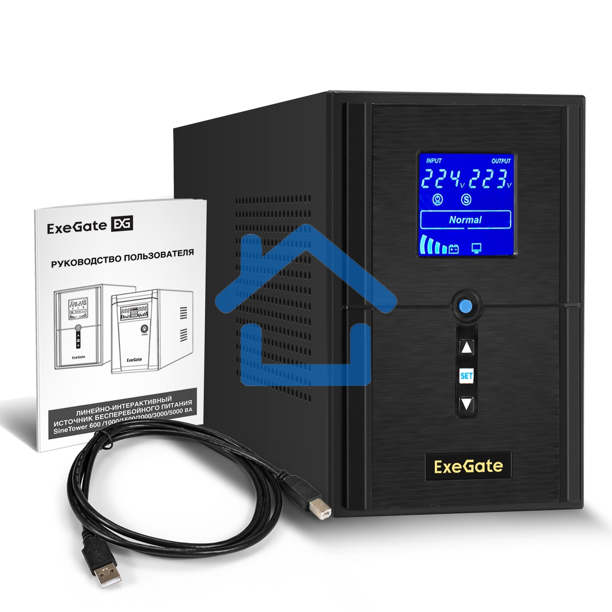 Источник бесперебойного питания ExeGate SineTower SN-1500.LCD.AVR.2SH.1C13.USB <1500VA/1200W, чистая синусоида, LCD дисплей, AVR, 2*Schuko+1*C13, USB, линейно-интерактивный, черный>