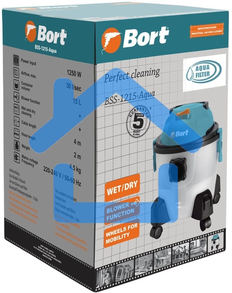 Строительный пылесос Bort BSS-1215-Aqua (93410891) серый, 250/1250 Вт, уборка сухая/влажная, пылесборник контейнер, 15 л