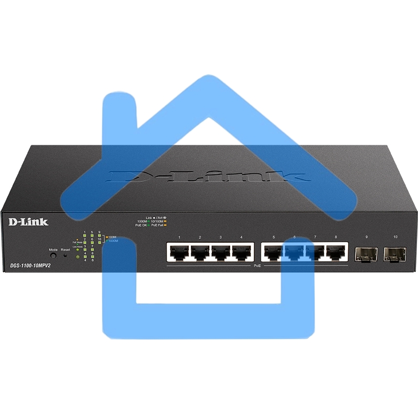 Настраиваемый L2 коммутатор D-Link DGS-1100-10MPV2/A3A с 8 портами 10/100/1000Base-T и 2 портами 1000Base-X SFP (8 портов PoE 802.3af/at, PoE-бюджет 130 Вт)