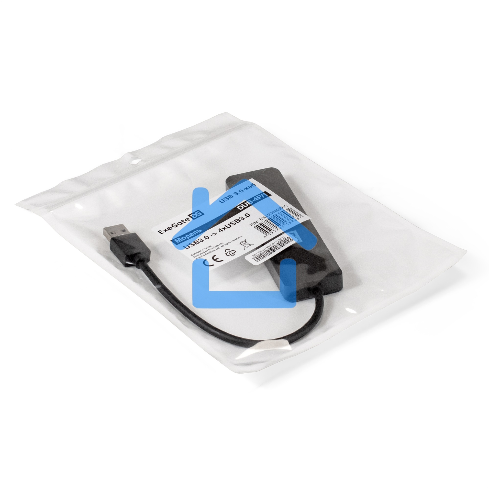 Хаб USB (концентратор) ExeGate DUB-4P/1 (кабель-адаптер USB3.0 --> 4xUSB3.0, Plug&Play, черный)