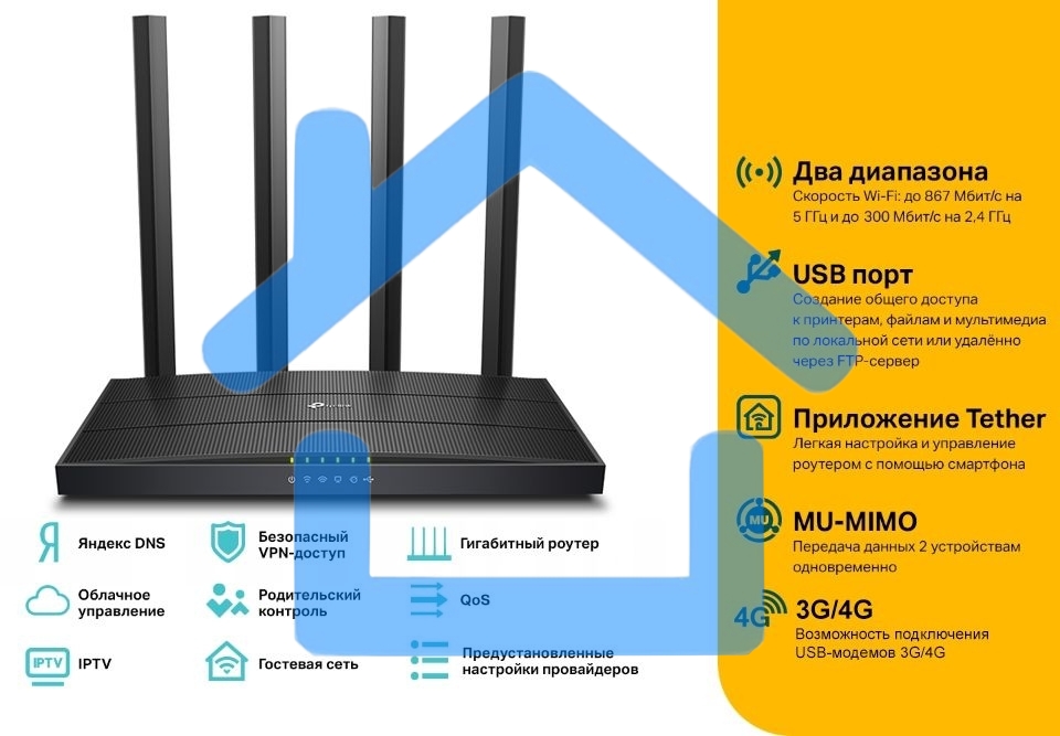 Роутер беспроводной TP-Link Archer C6U AC1200 10/100/1000BASE-TX/4G ready черный
