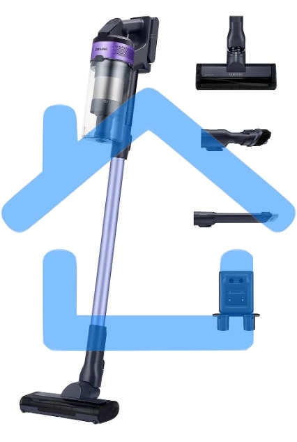 Пылесос вертикальный Samsung VS15A6031R4/EV фиолетовый/черный, питание от аккумулятора, 150 Вт, уборка сухая, пылесборник 0.8 л, работа от АКБ max 40 мин.