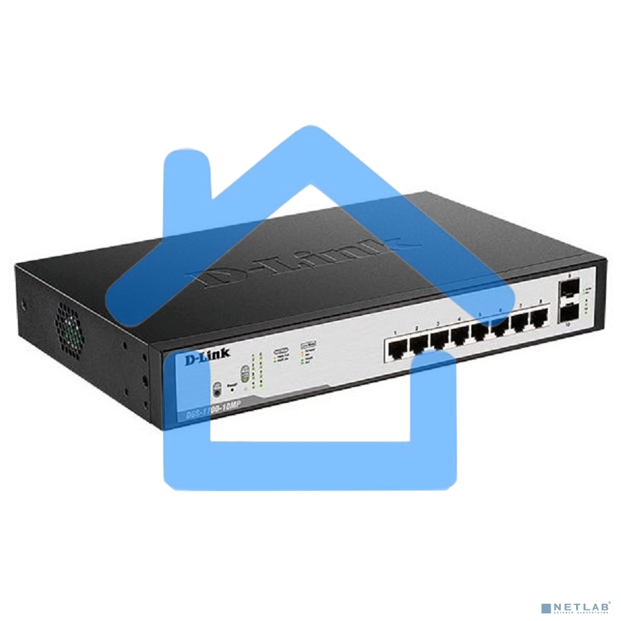 Настраиваемый L2 коммутатор D-Link DGS-1100-10MPV2/A3A с 8 портами 10/100/1000Base-T и 2 портами 1000Base-X SFP (8 портов PoE 802.3af/at, PoE-бюджет 130 Вт)
