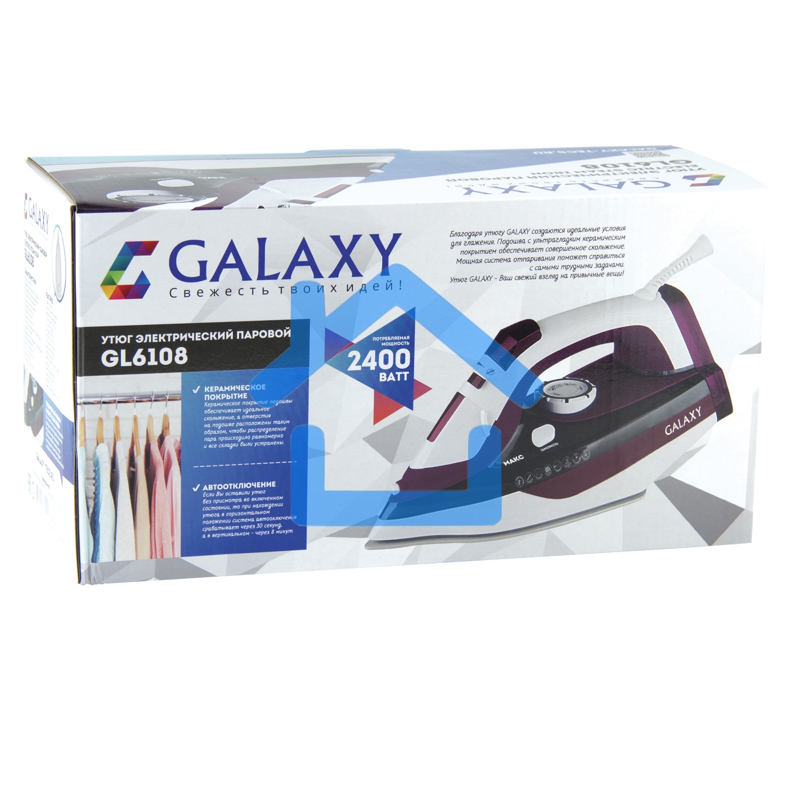 Утюг Galaxy Line GL 6108, бордовый с белым, паровой, 2400 Вт, постоянный пар 50 г/мин, паровой удар 230 г/мин, функции: автоотключение, самоочистка, антикапля, антинакипь, вертикальное отпаривание, индикатор автоотключения, индикатор нагрева, функция увла