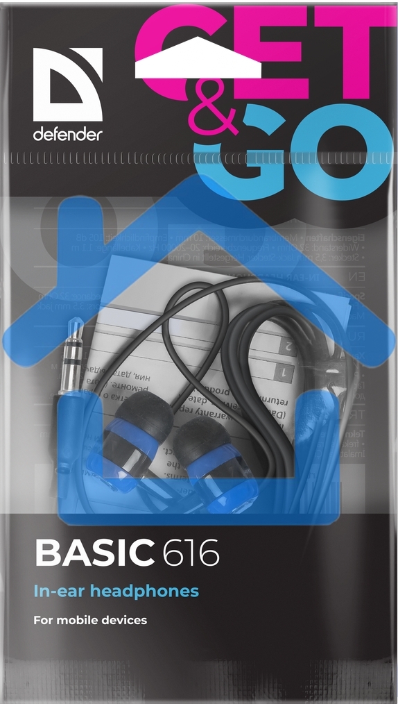 Наушники Defender Basic-616 черный/синий кабель 1,1 м