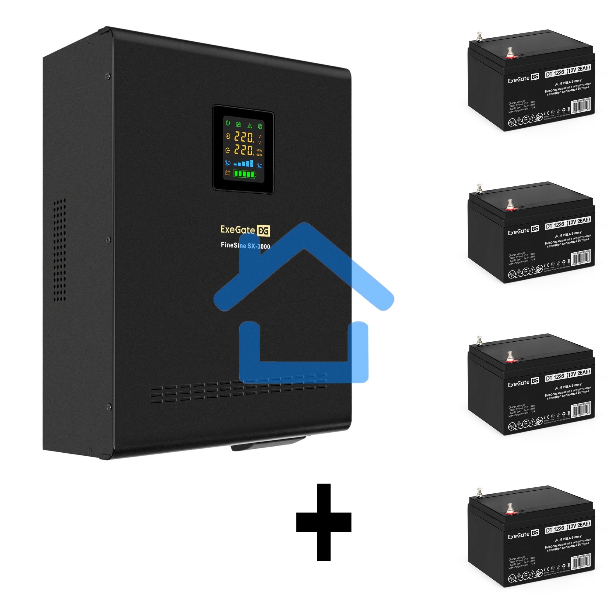 Комплект ИБП EX296003RUS + батарея 26Aч EX282970RUS 4шт (инвертор, синус, для котла, настенный) ExeGate FineSine SX-3000.LCD.AVR.2SH.T <3000VA/2100W, чистая синусоида, цветной LCD-дисплей, AVR, 2*Schuko+клеммы, линейно-интерактивный, крепление настенное, 