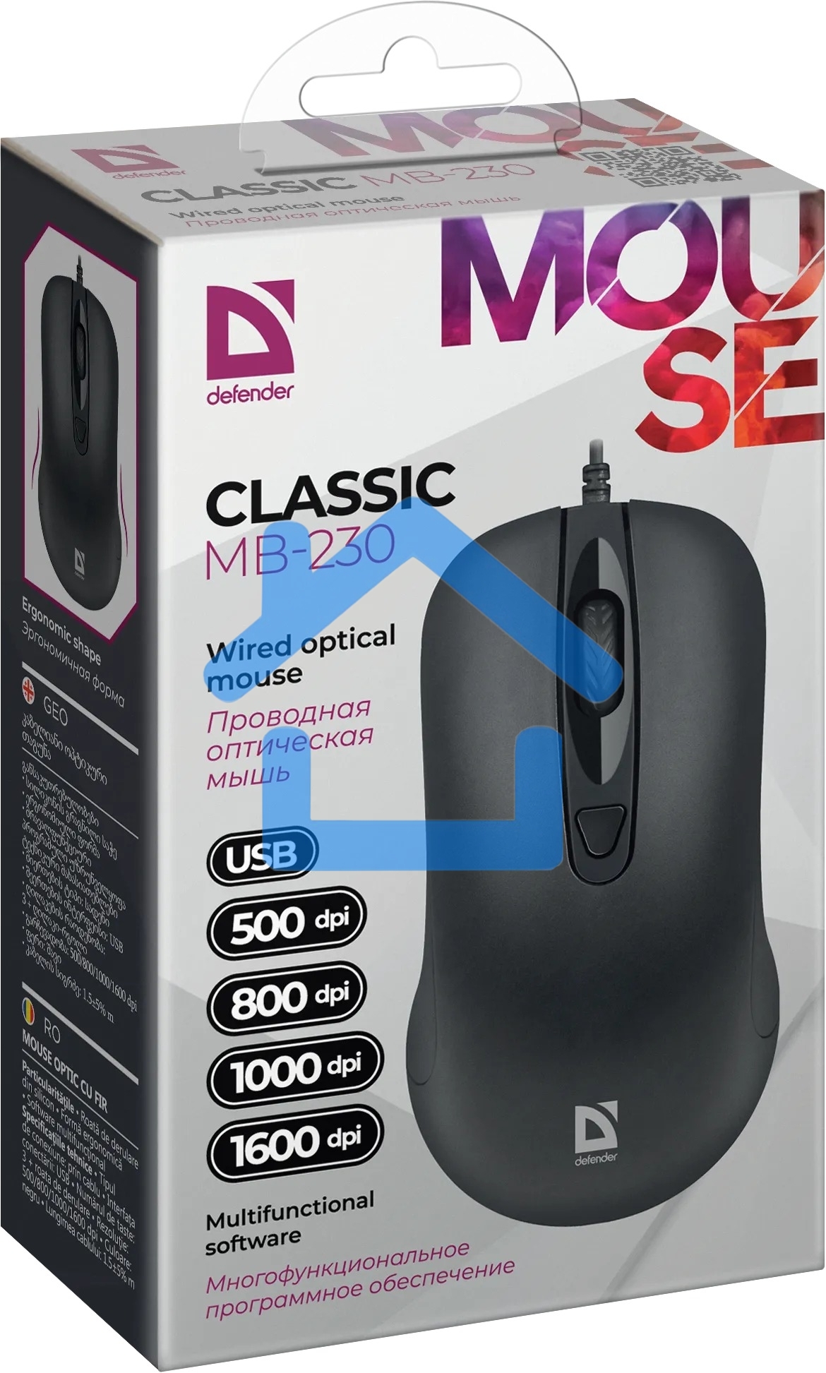 Мышь проводная Defender Classic MB-230 черный, 1600 dpi, USB, кнопки - 4