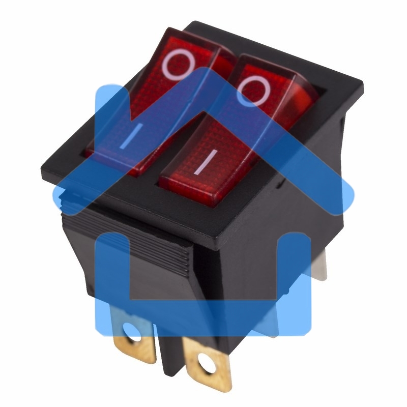 Выключатель клавишный 250V 15А (6с) ON-OFF красный с подсветкой ДВОЙНОЙ Rexant