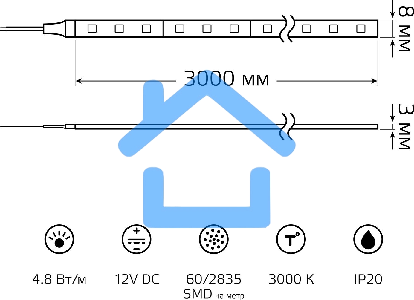 Лента Basic 12V 4,8W/m 312lm/m 3000K IP20 LED 3m 1/100