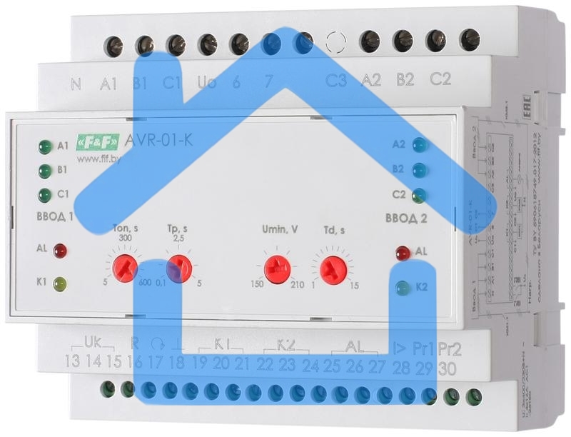 Устройство управления резервным питанием AVR-01-K (2 ввода; 1 нагрузка 35мм 3х400В+N 2х16А 2P IP20 монтаж на DIN-рейке) F&F EA04.006.001