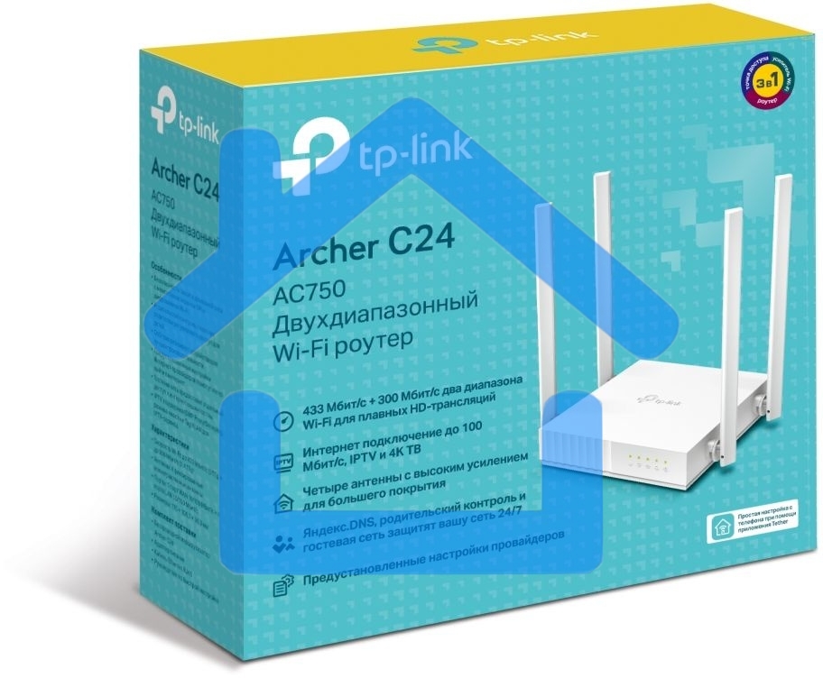 Роутер беспроводной TP-Link Archer C24 AC750 10/100BASE-TX белый