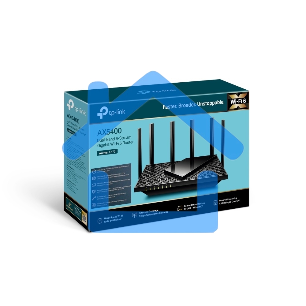 Роутер TP-Link Archer AX73 AX5400 Dual Band Wireless Gigabit Router, 1.5 GHz Tri-Core CPU, 1 GE WAN + 4 GE LAN ports, 1× USB 3.0 Port, support 1024-QAM, OFDMA, MU-MIMO, Airtime Fairness, Beamforming, 160MHz Channel Width, come with HomeShieldTM, support R