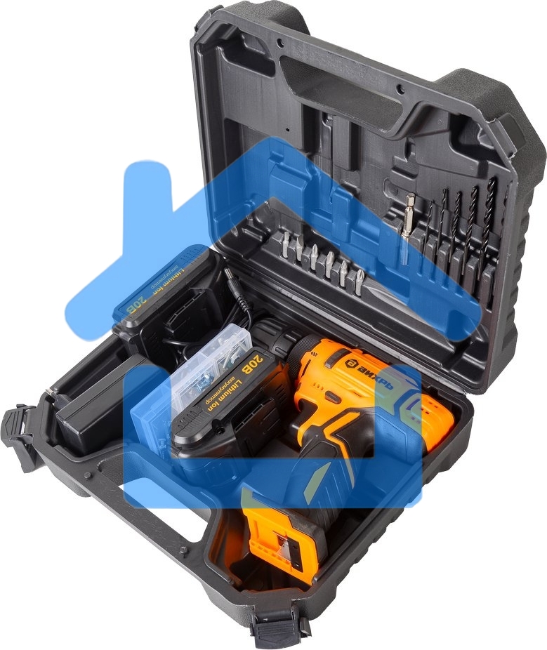 Дрель-шуруповерт Вихрь ДА-20Л-2КА 72/14/36, Аккумуляторная, 20В, 2 АКБ, Кейс с набором оснастки 65 предметов